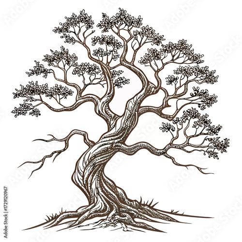 An artistic hand drawn illustration of a mature gnarled and twisted tree with a thick trunk and sprawling branches covered in delicate foliage and small blossoms against a white background
