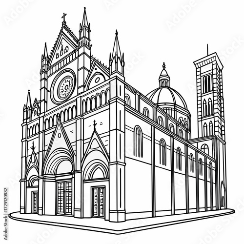 Architectural line drawing of the santa maria del fiore cathedral and giotto s campanile in florence italy showcasing its gothic renaissance facade and dome