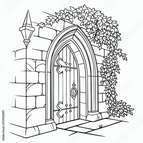 An old stone wall with a gothic arched doorway adorned with climbing vines and a vintage lantern creating a mysterious and enchanting entrance