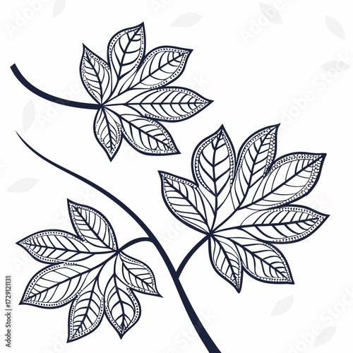 Elegant dark blue line art drawing of a branching stem with detailed palmate leaves and subtle faded leaf outlines on a clean white background