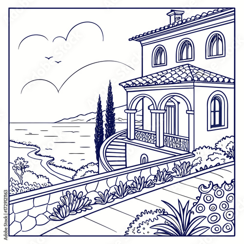 Elegant italian villa with arched portico and balcony overlooking the sea with cypress trees and lush gardens on a sunny day