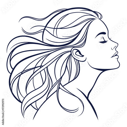 Elegant minimalist line art illustration of a beautiful woman s profile with flowing long hair against a white background symbolizing grace and serenity