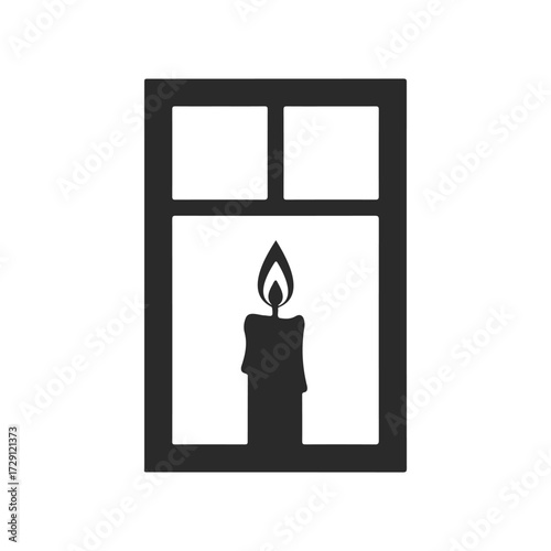 Silhouette of candle in window frame symbolizing comfort and warmth