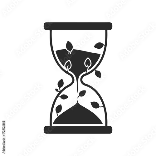 Black hourglass with growing plants symbolizing time and nature connection