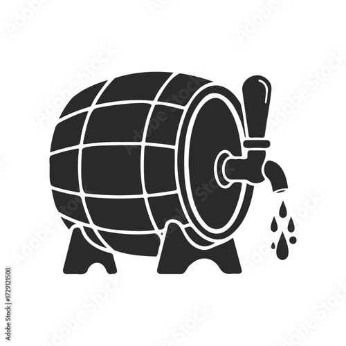 Vintage wooden beer keg with tap icon in black and white on isolated background