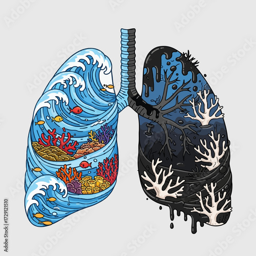 Conceptual illustration of human lungs, one side a vibrant coral reef and the other a polluted ocean, symbolizing environmental health issues