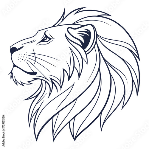 Majestic lion head profile illustration with a flowing mane and determined gaze rendered in a bold clean line art style on a white background