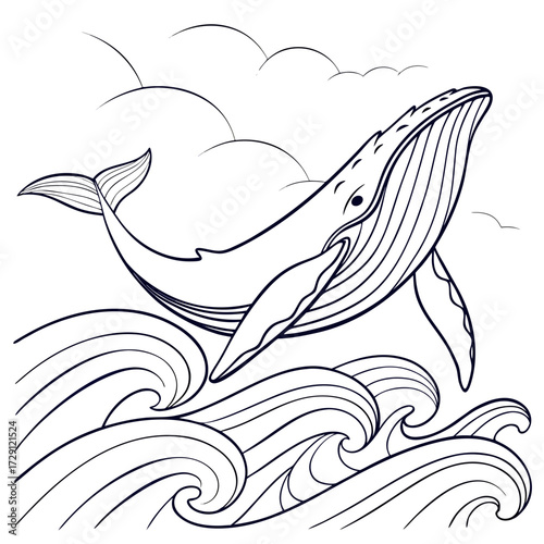 Majestic humpback whale leaping gracefully through stylized ocean waves under a cloudy sky in a minimalist line art illustration