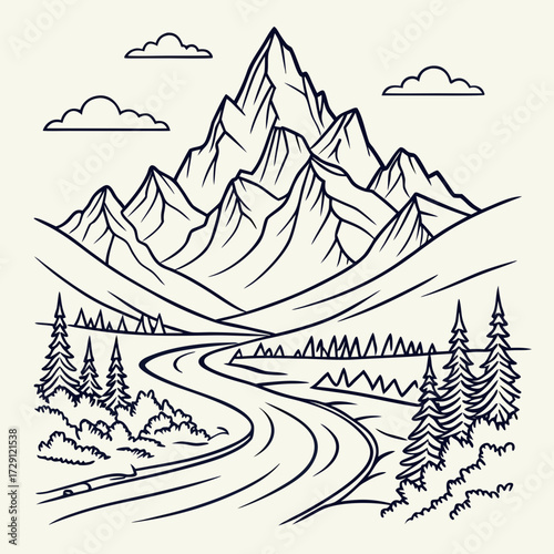 Majestic mountain range with a winding road leading through a valley with pine trees and fluffy clouds in a minimalist line art style