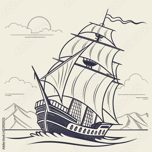 Majestic tall ship sailing on the open sea under a cloudy sky with distant mountains and a setting sun illustration