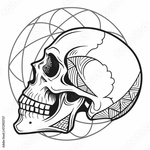 Stylized human skull profile with intricate geometric patterns and abstract circular grid background in black and white line art