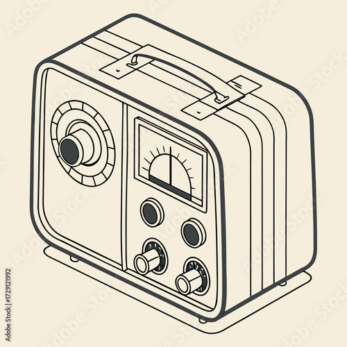 Vintage portable radio with a classic design featuring a dial indicator meter and multiple knobs presented in a clean line art illustration style on a neutral background