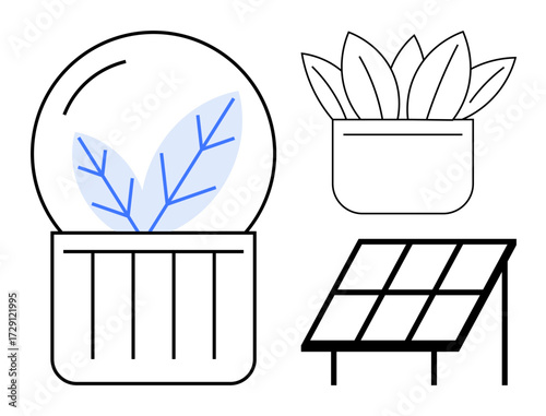 Glass dome with leaves, potted plant, and solar panel combine to highlight green energy, sustainability, and conservation. Ideal for innovation, nature, environment, growth ecology renewable