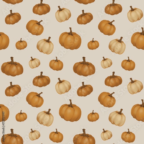 Boho autumn pumpkins, hand draw cartoon halloween background, October seamless pattern