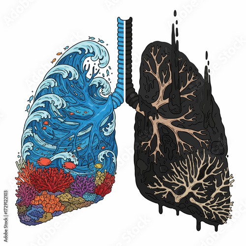 An artistic representation of ecological balance versus environmental pollution depicted as a pair of healthy and damaged lungs