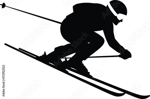 Skier silhouette descending slope skiing downhill