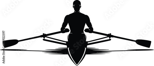 Rower with oars in boat rowing water