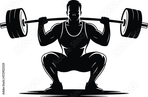 Muscular man lifting heavy barbell weightlifter squat