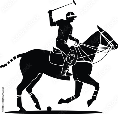 Polo player riding horse hitting ball vector