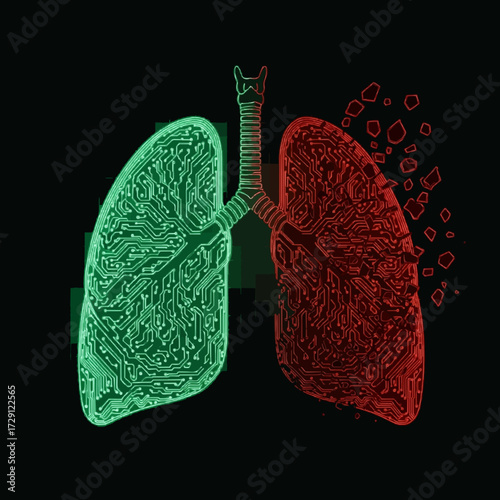 Abstract medical artwork illustrating the duality of lung health, contrasting a bionic circuit lung with a decaying, diseased organ