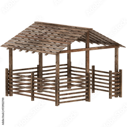 3d render wooden barn open roof fence with transparent background