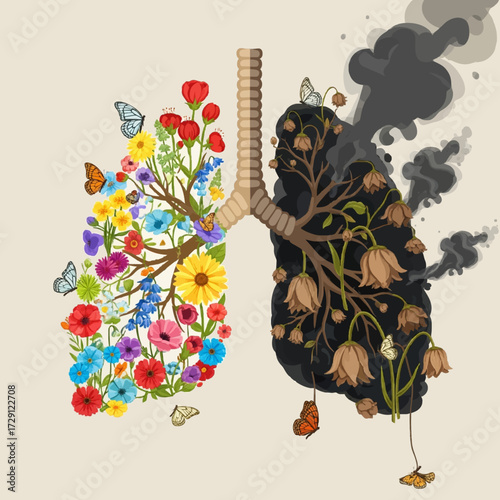 A powerful conceptual comparison of healthy lungs blooming with flowers and diseased lungs decaying from smoke and pollution