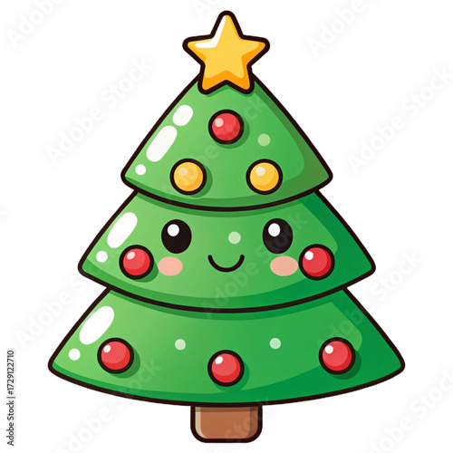 Wallpaper Mural Cute cartoon Christmas tree with ornaments and a star on top against a dark background Torontodigital.ca