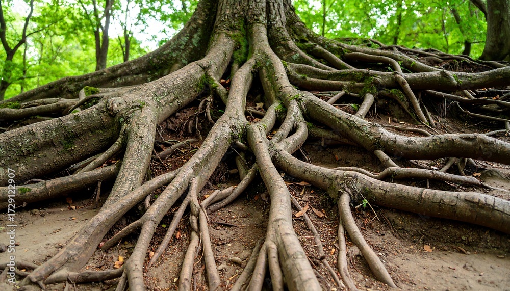 Fototapeta premium Extensive tree roots spreading across the ground (1)