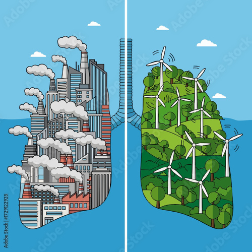 Conceptual illustration of environmental health, contrasting a polluted industrial lung against a clean lung with sustainable wind energy