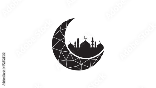 Stunning Islamic crescent moon silhouette embracing a mosque skyline with geometric patterns, perfect for Ramadan, Eid, and cultural celebrations, invoking spiritual peace and tradition.