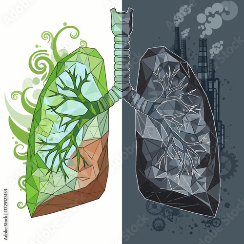 Visual metaphor for respiratory health showing a stark contrast between a lung filled with vibrant green nature and another choked by industrial pollution
