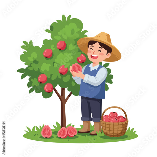 Happy Farmer Harvesting Fresh Guavas: Flat 2D Vector Illustration of Abundant Fruit Picking in a Minimalist Style