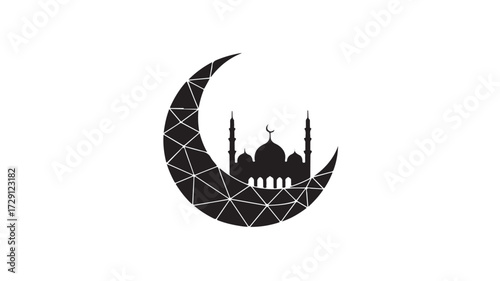Elegant crescent moon framing a majestic mosque silhouette, symbolizing Islamic culture and spiritual serenity for Ramadan and Eid celebrations