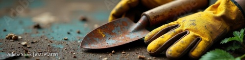 Close-up of rusty trowel and gardening gloves , fabric, hobby, aged