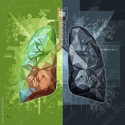 Conceptual illustration showing the stark contrast between a healthy, natural lung and a diseased, polluted lung in an abstract geometric style