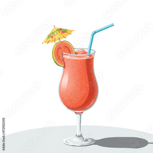 Refreshing Guava Smoothie in a Tall Glass with Straw and Umbrella – Tropical Patio Drink