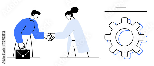 Two individuals shaking hands, one holding a briefcase, beside a large gear. Ideal for partnership, teamwork, business deal, collaboration, process efficiency agreement negotiation. Simple flat
