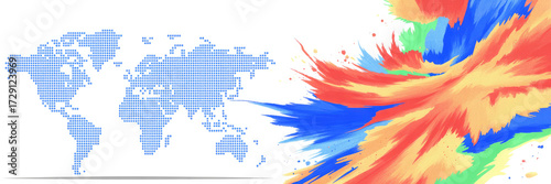 World map made of binary code with colorful splash isolated on white background