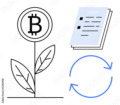 Bitcoin plant symbolizing cryptocurrency growth, document representing guidelines, circular arrows for reinvestment. Ideal for finance, blockchain, sustainability, guidelines, growth, reinvestment