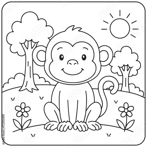 A friendly, smiling cartoon monkey with a curled tail, sitting in a sunny jungle or forest clearing with trees and flowers. A simple outline for a children's coloring page.
