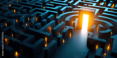 Abstract maze with glowing exit symbolizing solution and hope, illuminated dark labyrinth with bright doorway and small lights