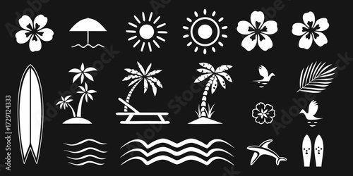 Collection of tropical beach and summer vacation icons and symbols on black background