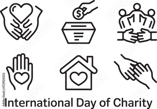 International Day of Charity line art icons set, donation, volunteer work, giving aid symbols