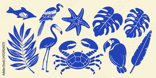 Collection of blue tropical elements including birds crab starfish fish and leaves on a cream background