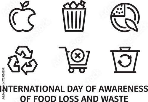 International Day of Awareness of Food Loss and Waste icon set line style vector. apple, trash can, pie chart, recycle, no shopping, recycling bin
