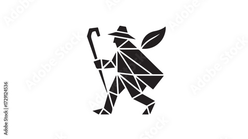 Stylized silhouette of a pilgrim with walking stick and leaf evokes themes of journey, nature, and exploration in minimalist modern artwork, perfect for brand identity and creative projects