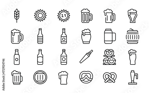 Minimalist line art icons collection featuring beer mugs bottles pretzels and wheat for graphic design silhouette vector illustration white background