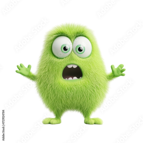 Furry green cartoon monster with surprised expression and outstretched arms