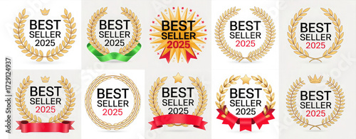 Collection of best seller badge with laurel wreath isolated on white background