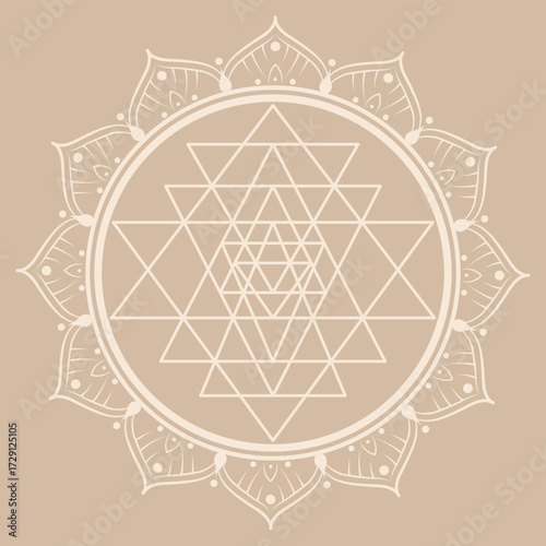 Sri Yantra lotus mandala, sacred geometry figure used in Hinduism and Tantrism as a tool for meditation and concentration to harmonize the mind and promote spiritual awakening. Vector isolated 